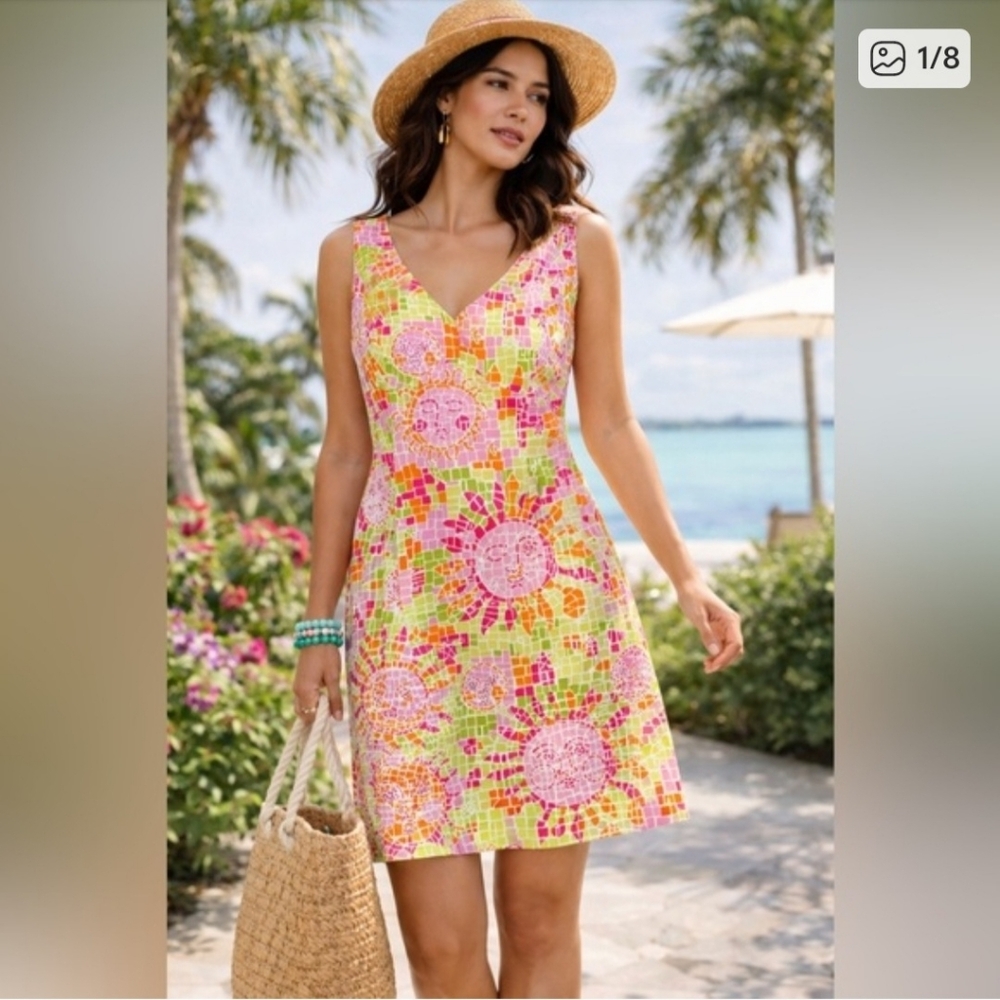 Lilly Pulitzer Sun Salute Mosaic Halter Dress 8 White Label Resortwear Retro Art